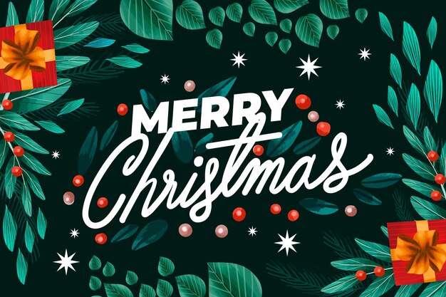 Fondo de navidad en acuarela con hojas y regalos