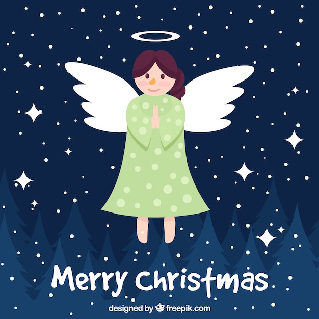 Vector gratuito fondo de navidad con un ángel en un cielo nocturno