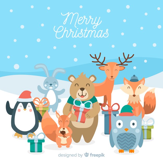 Fondo navidad animales sonrientes con regalos