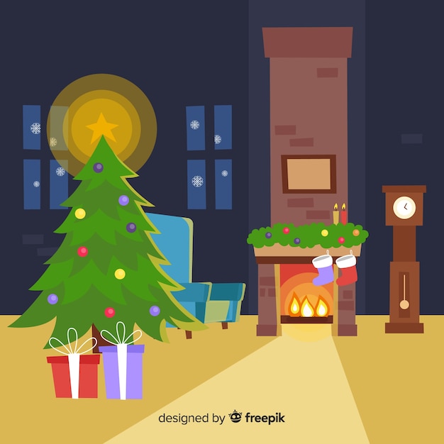 Vector gratuito fondo navidad chimenea plana