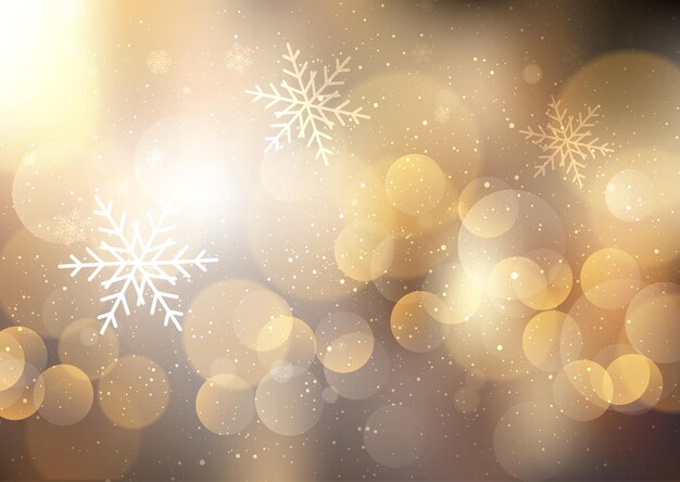Fondo de Navidad con copos de nieve y diseño de luces bokeh.