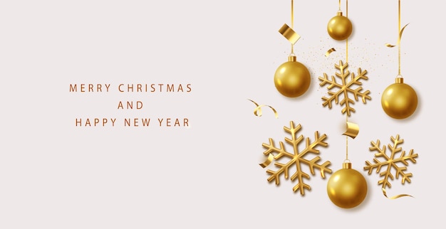 Fondo de Navidad con copos de nieve realistas dorados y bolas brillantes Tarjetas de felicitación de póster de Navidad Vista superior plana Composición de vacaciones
