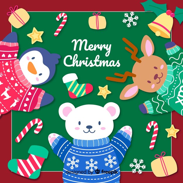 Fondo de Navidad dibujado a mano con animales lindos