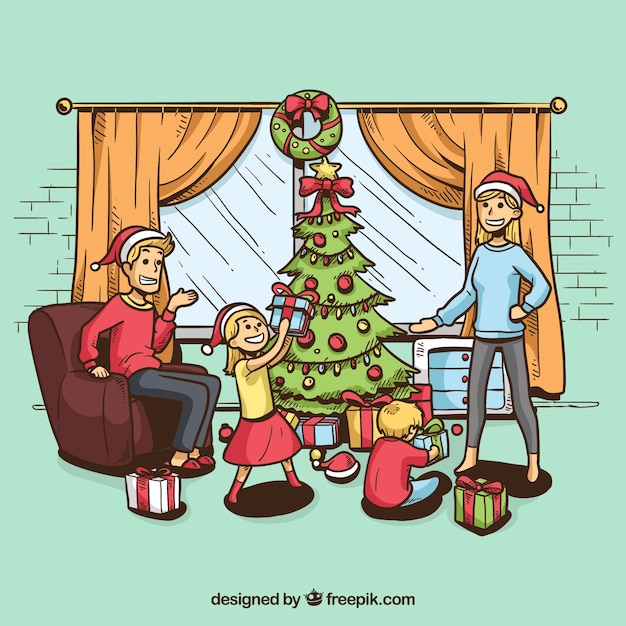 Vector gratuito fondo de navidad dibujado a mano con una escena familiar