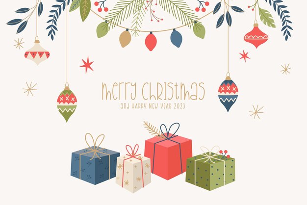 Fondo de Navidad dibujado a mano con flores y adornos