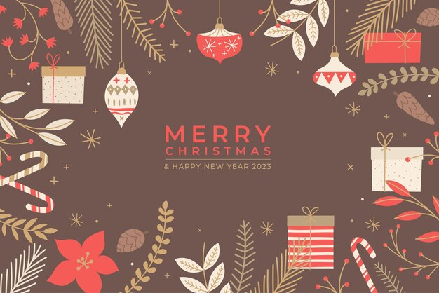 Fondo de Navidad dibujado a mano con flores y adornos