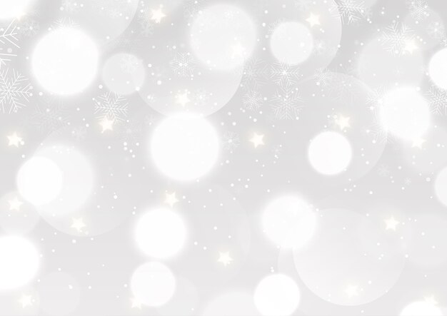 Fondo de Navidad con un diseño plateado de luces bokeh y copos de nieve