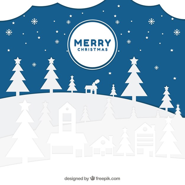 Fondo de navidad en estilo de papel con un paisaje invernal