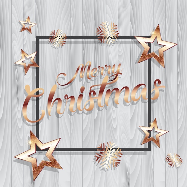 Fondo de Navidad con estrellas doradas y marco en textura de madera
