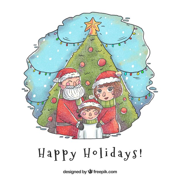 Fondo de navidad con una familia feliz dibujado a mano