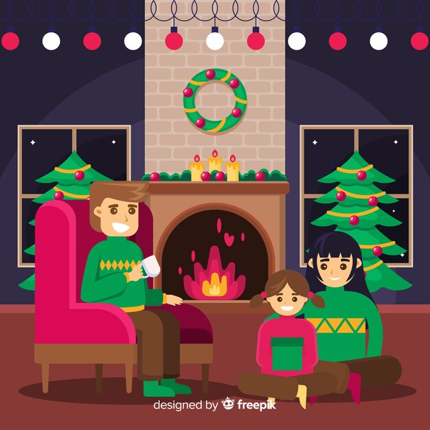 Fondo navidad familia junto a la chimenea