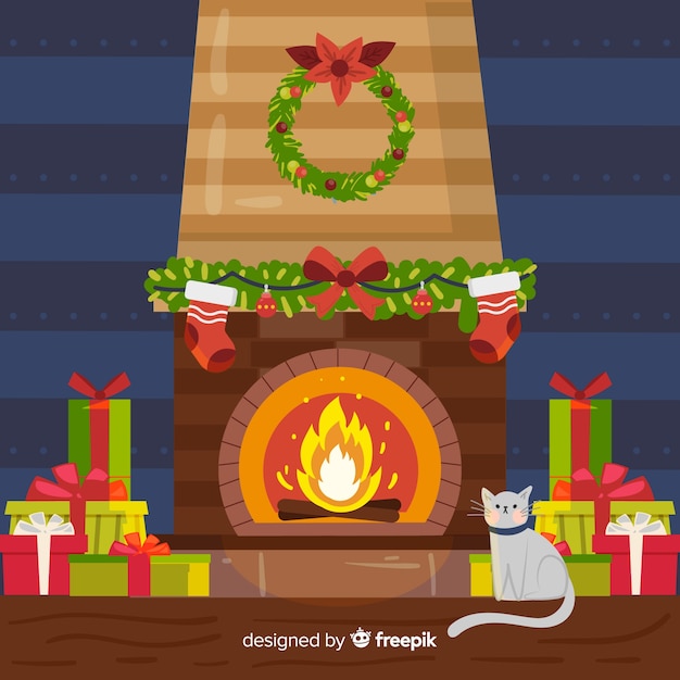 Vector gratuito fondo navidad gato junto a la chimenea