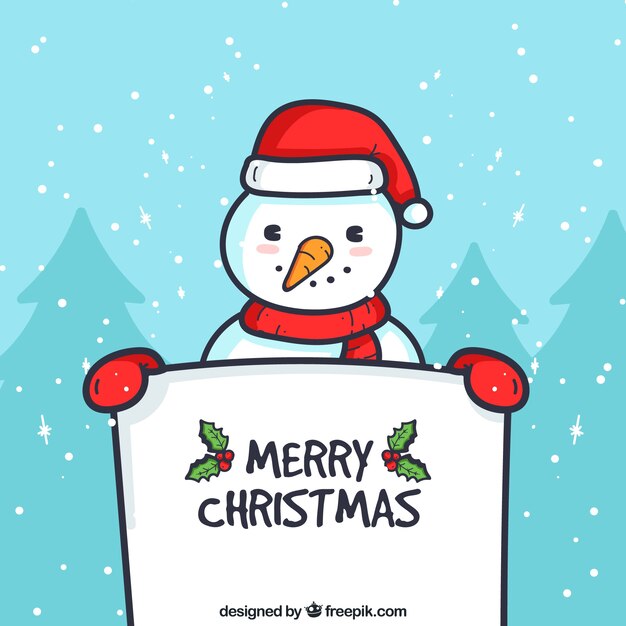Fondo de navidad de muñeco de nieve con un cartel