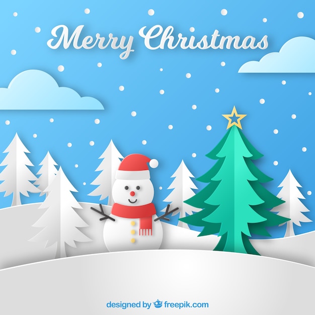 Fondo de navidad con un muñeco de nieve en estilo de papel