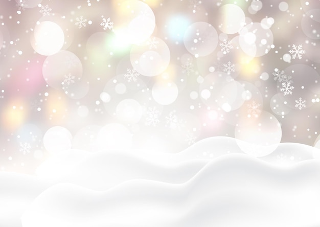 Fondo de navidad con nieve en un diseño de luces bokeh y copo de nieve