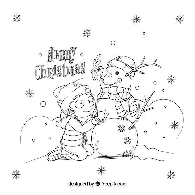 Vector gratuito fondo de navidad de niño con muñeco de nieve