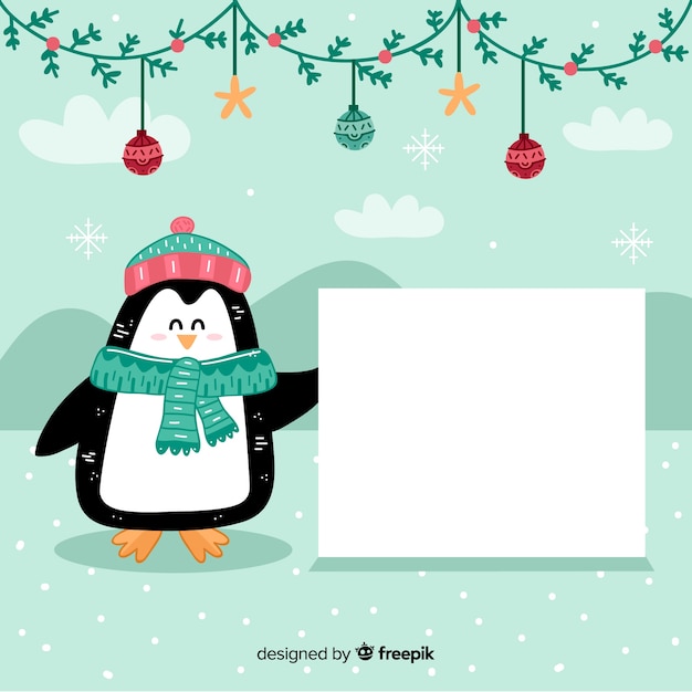 Fondo navidad pingüino sosteniendo cartel vacío