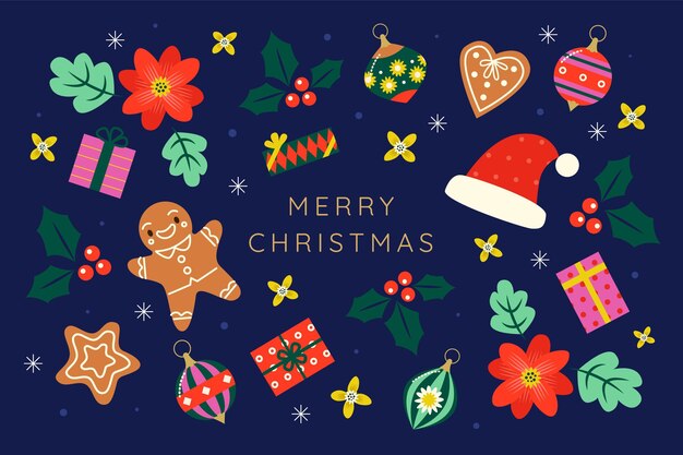 Fondo de navidad plano dibujado a mano