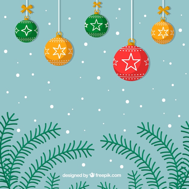 Fondo de navidad con ramas y bolas coloridas