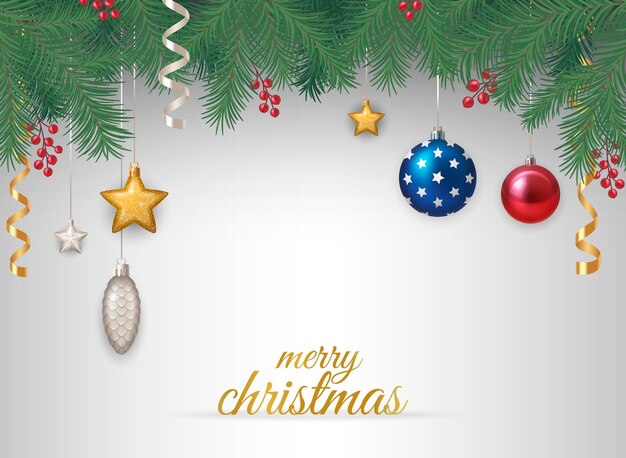 Fondo de navidad realista con ramas de abeto bolas coloridas y decoraciones de año nuevo ilustración vectorial