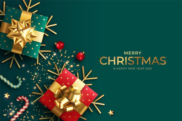 Fondo de navidad realista con regalos rojos y verdes