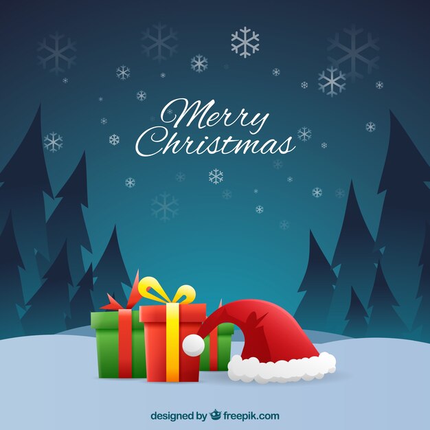 Fondo de navidad con regalos y gorro de santa claus 