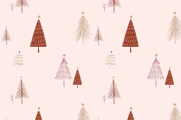 Fondo de Navidad rosa, patrón de árboles festivos en vector de diseño de doodle