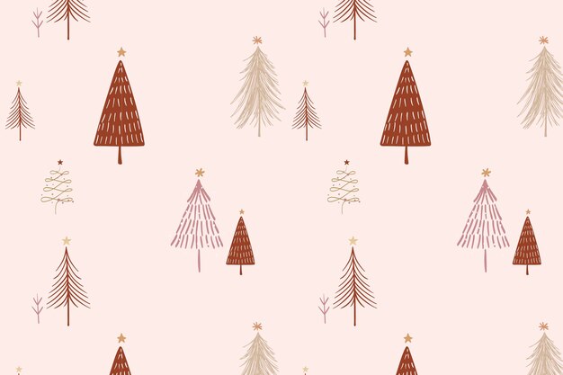 Fondo de Navidad rosa, patrón de árboles festivos en vector de diseño de doodle