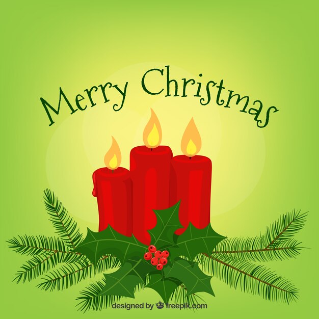 Fondo de navidad verde claro con velas rojas