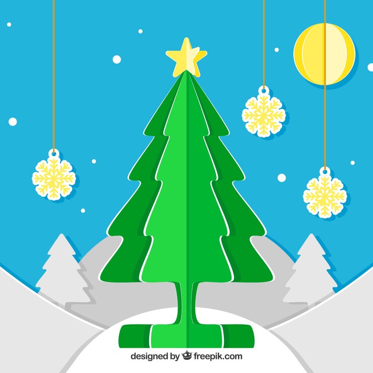 Vector gratuito fondo navideño con un árbol de navidad verde en estilo de papel