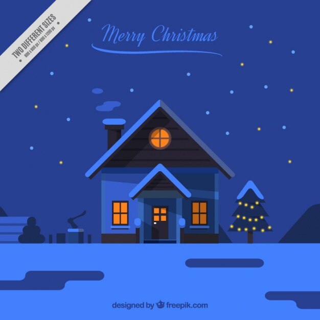 Fondo navideño con una casa en el bosque