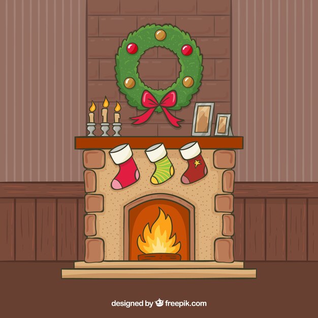 Fondo navideño con chimenea dibujada a mano  