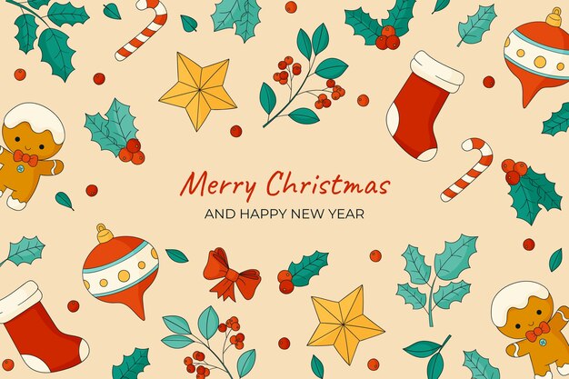 Fondo navideño dibujado a mano con adornos y calcetines