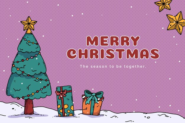Fondo navideño dibujado a mano con árbol de navidad y regalos
