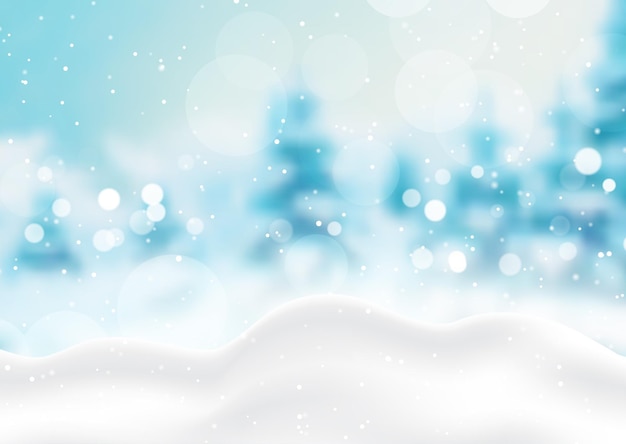 Vector gratuito fondo navideño con nieve contra un paisaje invernal desenfocado