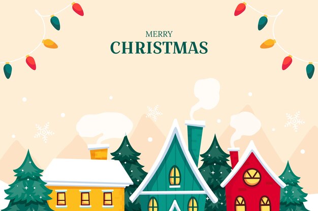 Fondo navideño plano con casas y luces.