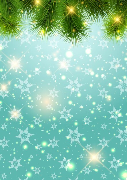 Fondo navideño con ramas de abeto y copos de nieve