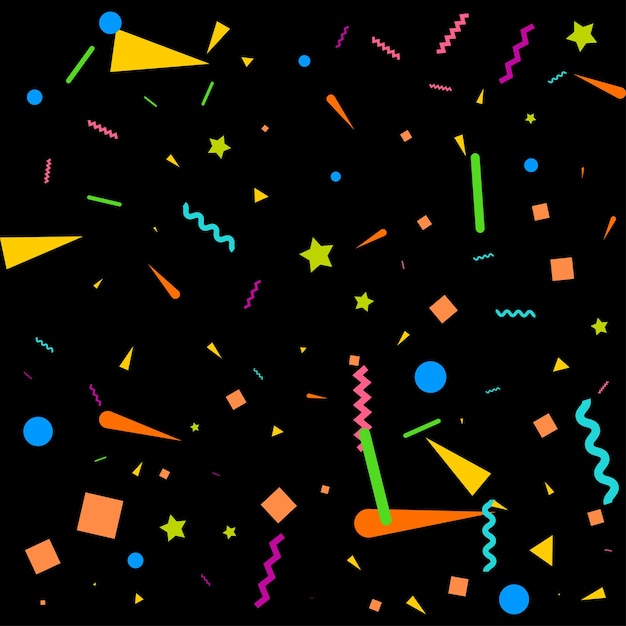 Fondo negro abstracto vectorial con muchas piezas de confeti de colores diminutos que caen y cinta Carnaval Navidad o decoración de Año Nuevo banderines de fiesta coloridos para el festival de cumpleaños