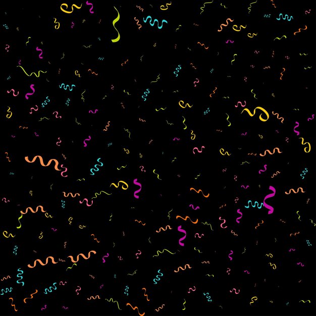 Fondo negro abstracto vectorial con muchas piezas de confeti de colores diminutos que caen y cinta Carnaval Navidad o decoración de Año Nuevo banderines de fiesta coloridos para el festival de cumpleaños