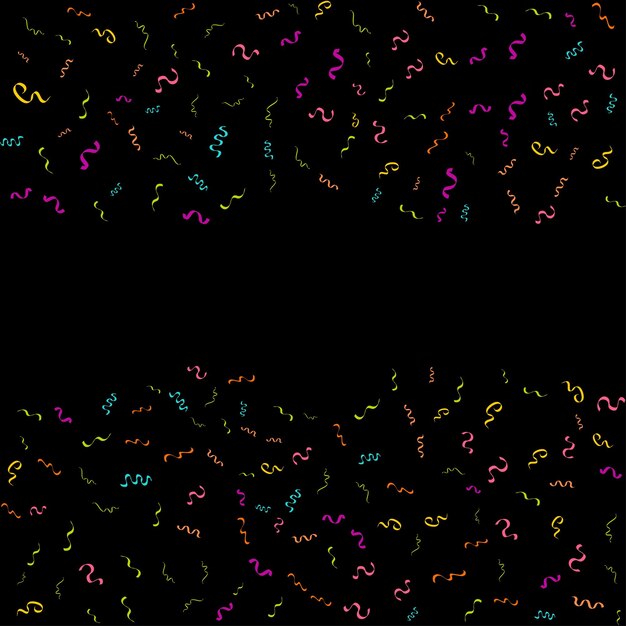 Fondo negro abstracto vectorial con muchas piezas de confeti de colores diminutos que caen y cinta Carnaval Navidad o decoración de Año Nuevo banderines de fiesta coloridos para el festival de cumpleaños