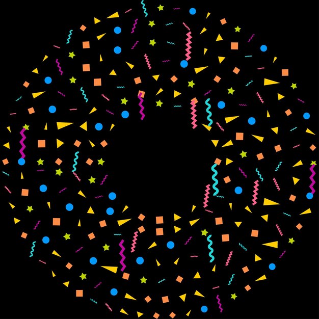 Fondo negro abstracto vectorial con muchas piezas de confeti de colores diminutos que caen y cinta Carnaval Navidad o decoración de Año Nuevo banderines de fiesta coloridos para el festival de cumpleaños