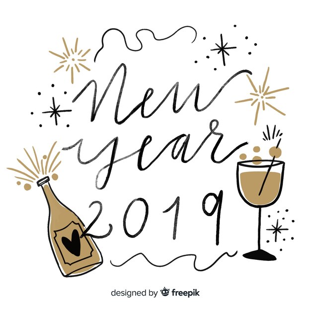 Fondo en negro y dorado de feliz año nuevo 2019 con lettering