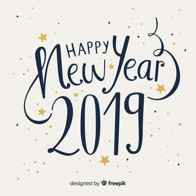 Fondo en negro y dorado de feliz año nuevo 2019 con lettering