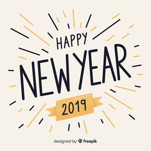 Fondo en negro y dorado de feliz año nuevo 2019 con lettering