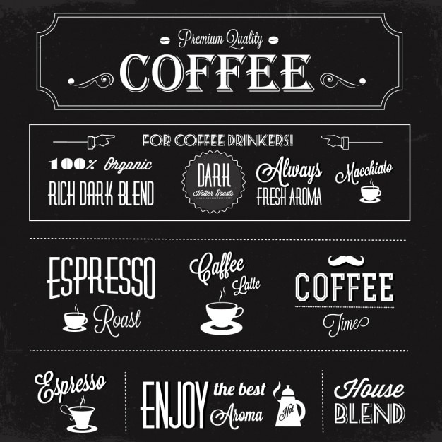 Fondo negro con etiquetas de café