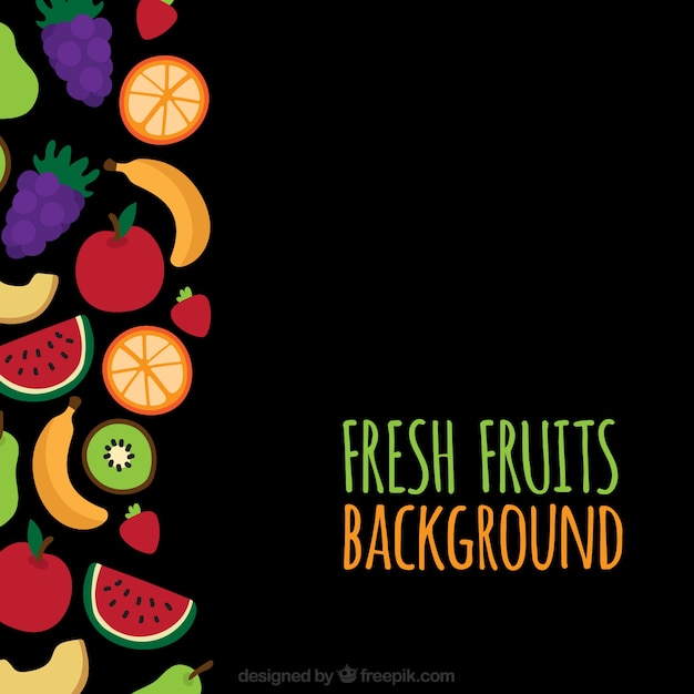 Fondo negro con frutas de colores en diseño plano