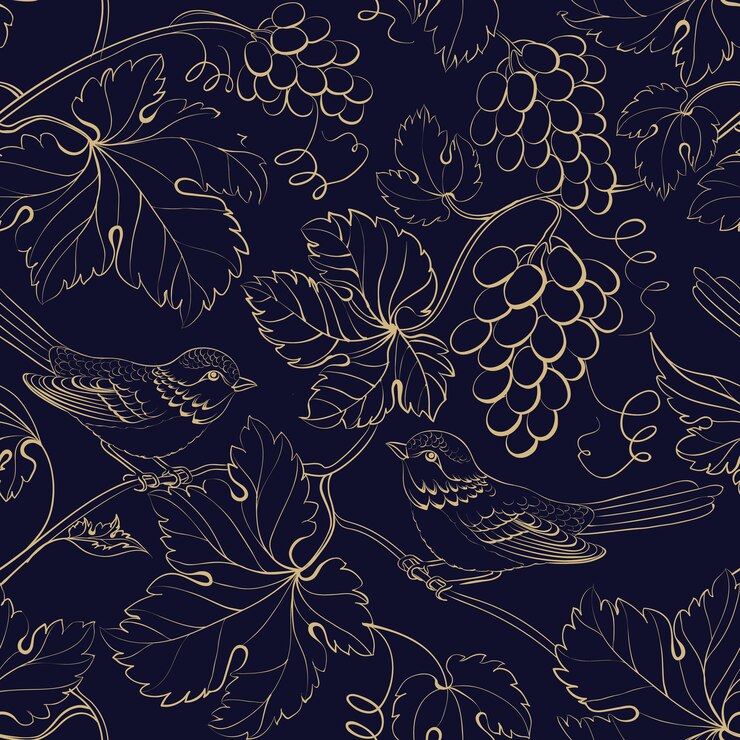 Fondo negro con hojas y bayas de uva de oro.