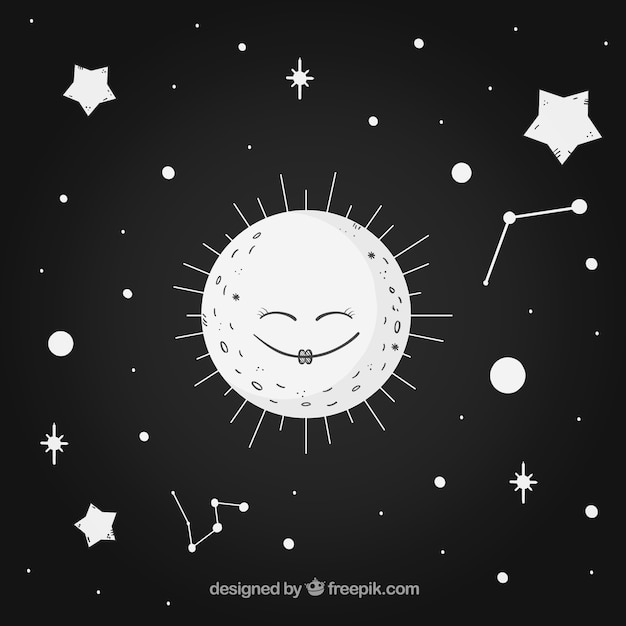 Vector gratuito fondo negro con luna linda y estrellas