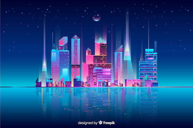 Vector gratuito fondo de neón del paisaje urbano