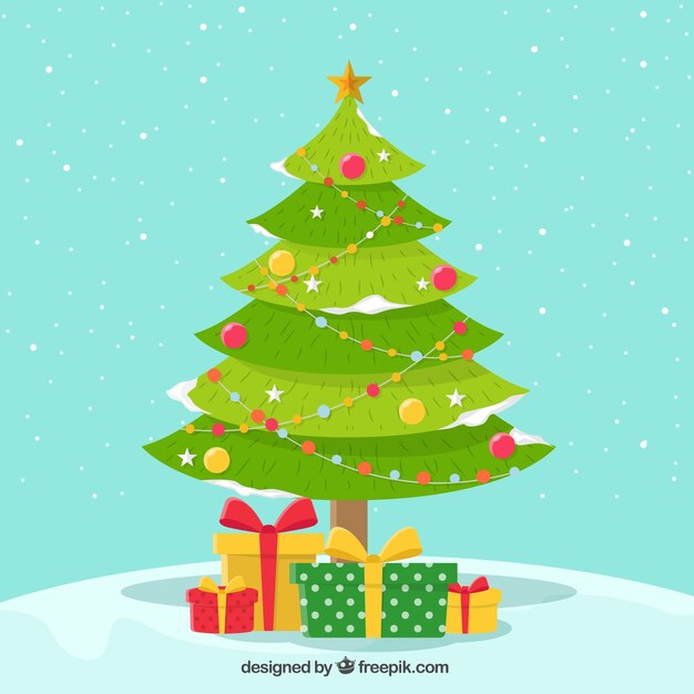 Fondo nevado de bonito árbol de navidad con regalos 